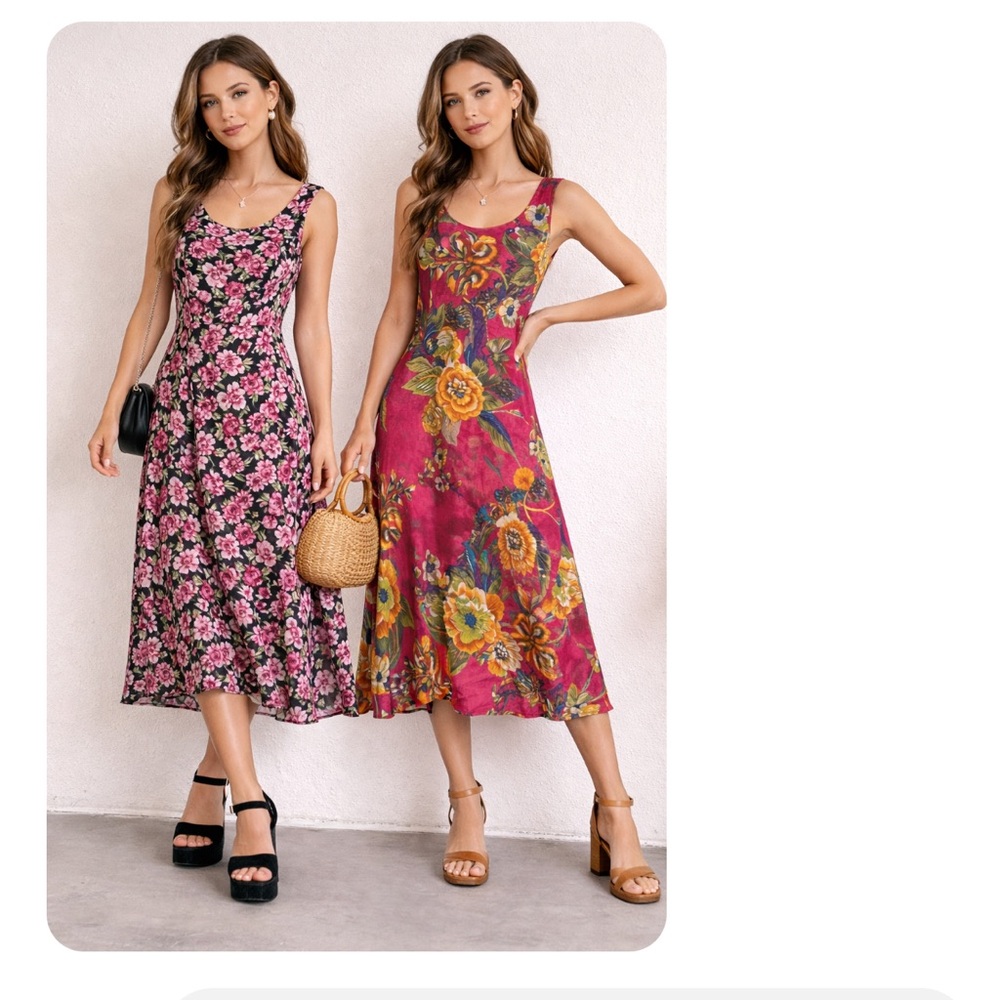 ST.HELENA floral multi color pink reversible shaffon mid dress size M y2k Fariy